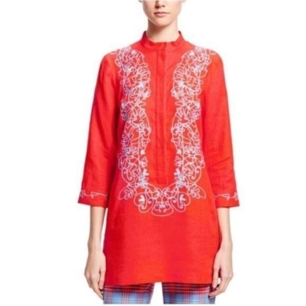 Brooks Brothers Red Linen Embroidered Tunic Top Mandarin Collar Size 6